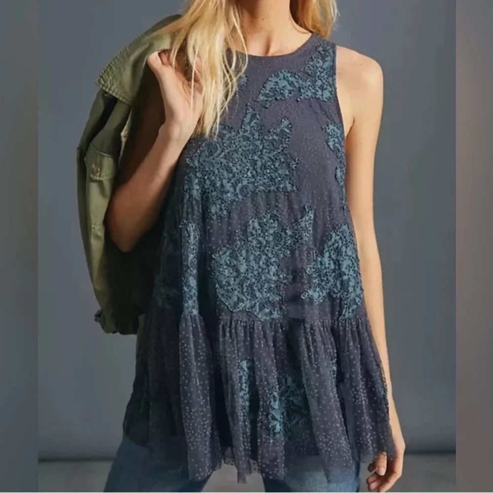 Anthropologie Beaded Neomia Top XS Navy Blue Boho Tunic Tank Whimsical Goth VGUC - Picture 2 of 12
